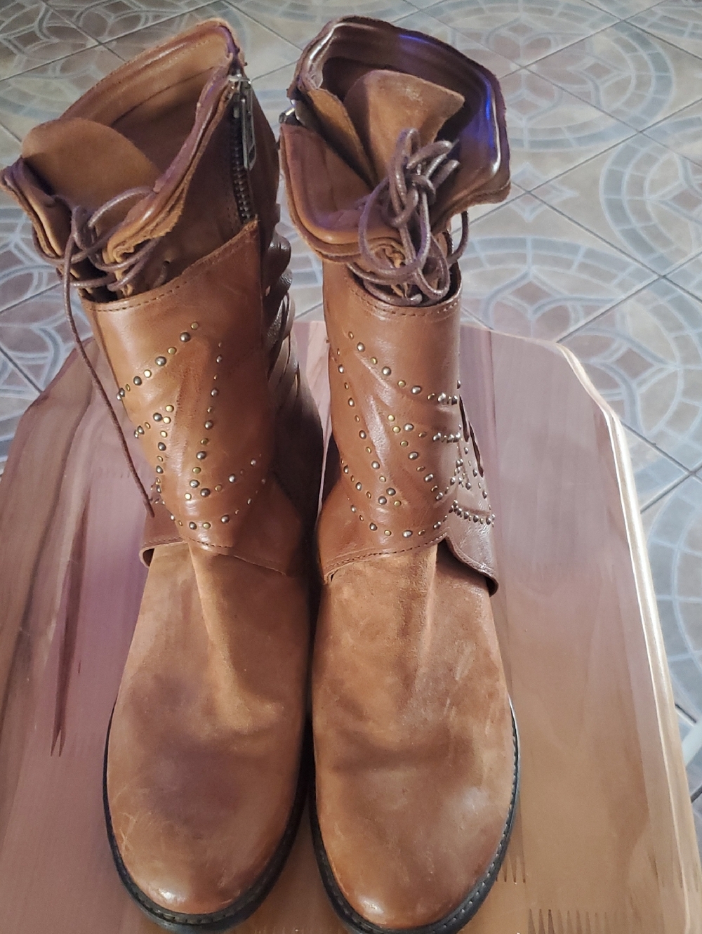 A.S.98 Tan Brown Studded Leather Lace-Up Ankle Boots